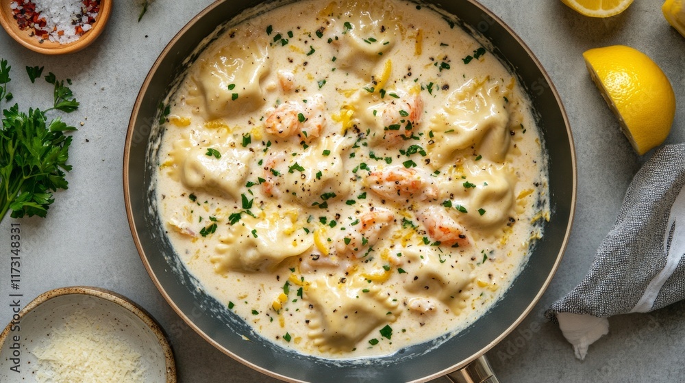 Creamy ravioli with shrimp and herbs in a skillet Creamy ravioli with shrimp and herbs in a skillet
