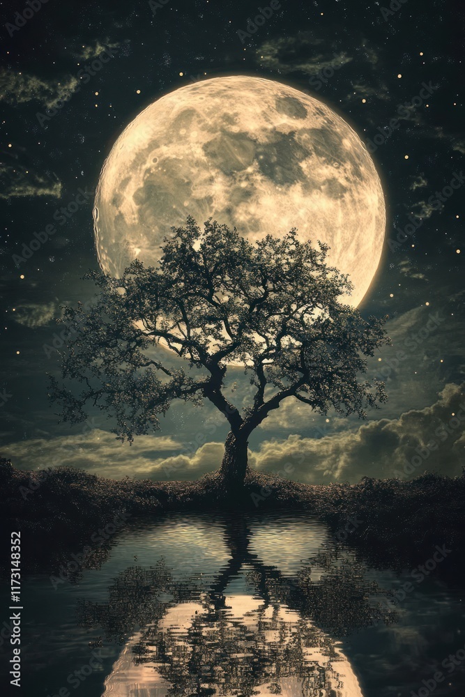 Fototapeta premium Majestic Moonrise Behind Silhouetted Tree and Reflective Waters