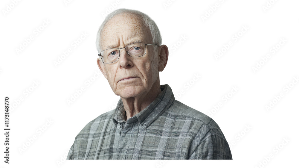 Obraz premium Elderly man with glasses gazes thoughtfully at the camera in a patterned plaid shirt, showcasing his wisdom and experience.