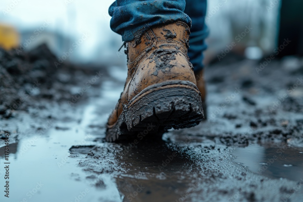 Close-up of muddy work boots walking through a muddy puddle.