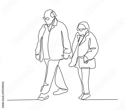 Elderly Couple Walking Hand in Hand Continuous Line Art Illustration. Senior man and woman walking together holding hands. Minimalist black linear sketch isolated on white background. Vector.
