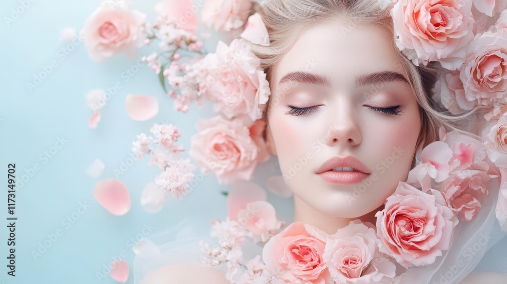 Naklejka premium Serene woman amidst blossoming flowers, a captivating portrait of natural beauty.