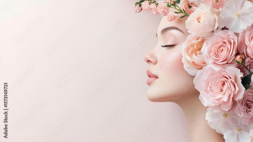 Fototapeta premium Serene beauty: A woman's face adorned with vibrant orange flowers and butterflies against a teal backdrop.