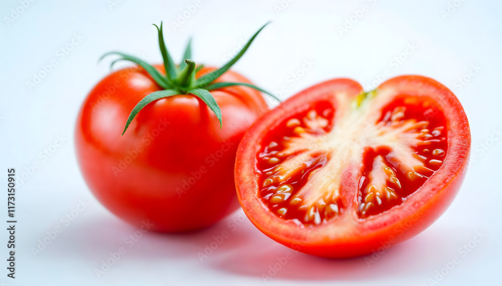 A fresh red tomato, whole and sliced in half, showcasing its juicy interior and vibrant color. This image is perfect for culinary themes, healthy eating, and food photography A fresh red tomato, whole and sliced in half, showcasing its juicy interior and vibrant color. This image is perfect for culinary themes, healthy eating, and food photography