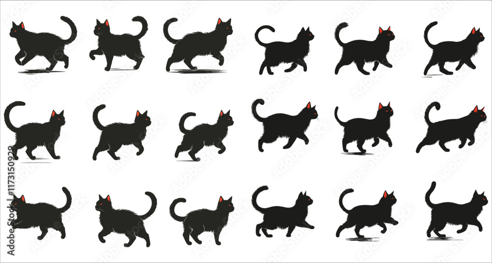 Fototapeta premium Cat running and jumping silhouettes vector, Set of various cat running and jumping in the field, Silhouettes of cat walking and running at sunset vector, Set of cats walking and running silhouettes