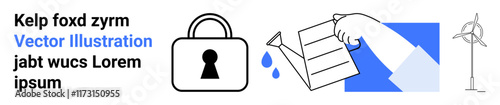 Padlock for security, watering can for growth, hand holding paper for documentation, wind turbine for sustainable energy. Ideal for security, eco-friendly practices, business growth, documentation