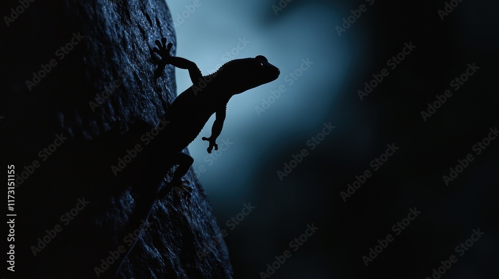 A silhouetted lizard climbing a rock against a blue-toned background. A silhouetted lizard climbing a rock against a blue-toned background.
