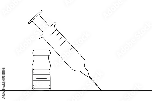 Continuous one line vaccine and syringe drawing of outline vector icon
