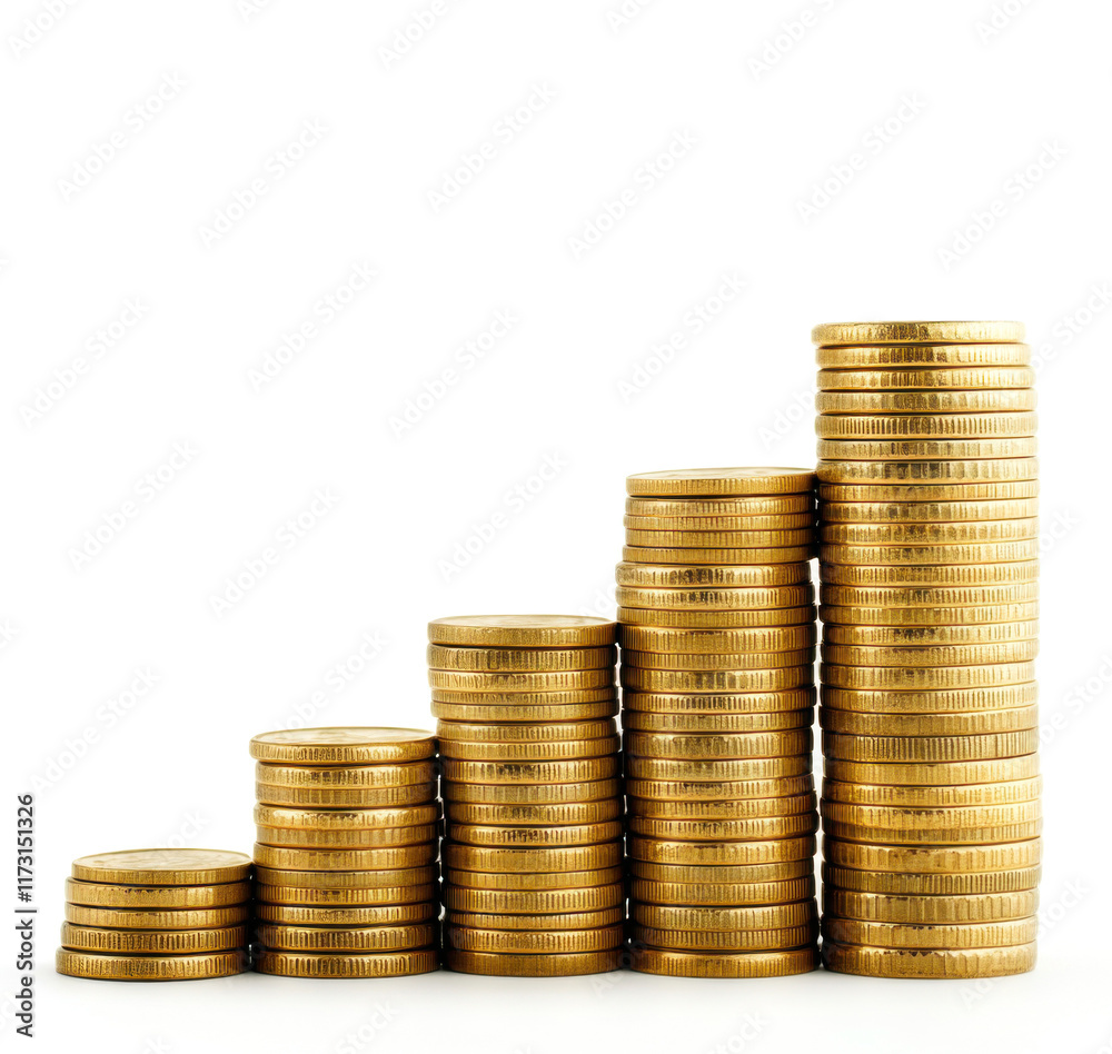 Stacked gold coins showing financial growth and investment over time in a minimalist style with white background Stacked gold coins showing financial growth and investment over time in a minimalist style with white background