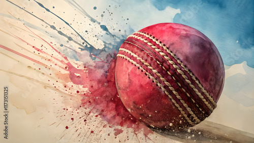 A vivid watercolor painting of a cricket ball, featuring bold red tones blending seamlessly into shades of pink and maroon