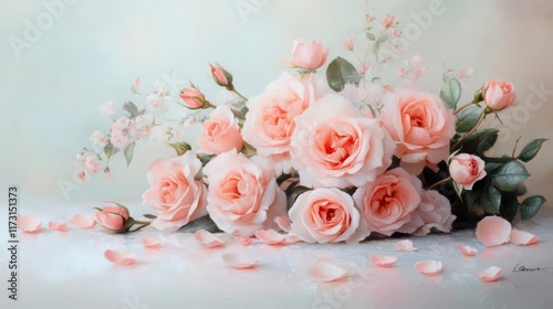 Delicate Peach Roses: A breathtaking bouquet, elegantly arranged with scattered petals on a soft background.