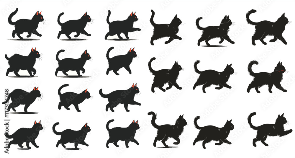 Obraz premium Set of cat walking and running silhouettes, Abstract cat silhouettes collection for design projects, Various cat silhouettes in different poses, Set of cat silhouettes on white background