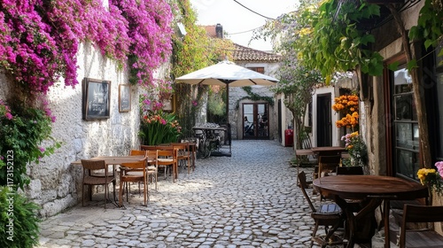 Obidos, Portugal's cobblestone streets are breathtaking. They provide a lovely view because they are bordered by vibrant blooms like wisteria and bougainvillea. photo