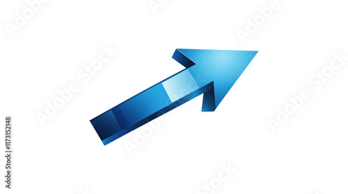 A blue arrow pointing down. The arrow is made of glass and is very shiny. It is on a trasparent background	