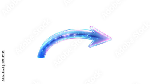A blue arrow pointing down. The arrow is made of glass and is very shiny. It is on a trasparent background	