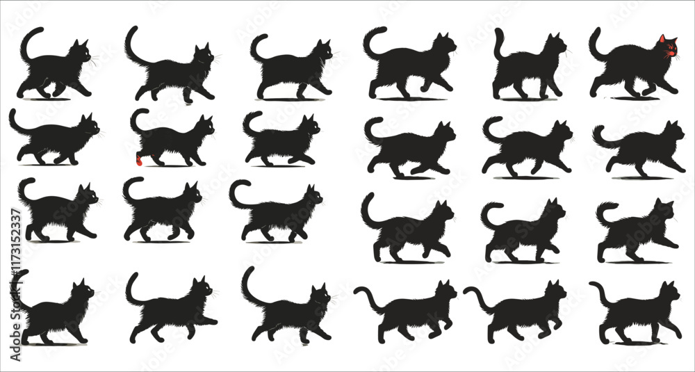 Obraz premium Set of cat walking and running silhouettes, Abstract cat silhouettes collection for design projects, Various cat silhouettes in different poses, Set of cat silhouettes on white background