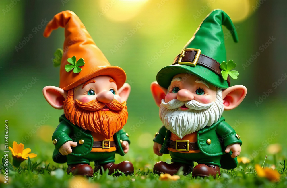 Fototapeta premium Leprechauns wizard in green attire. Happy St. Patrick Day With Cute Gnomes On Banner Design, Leprechaun Character.