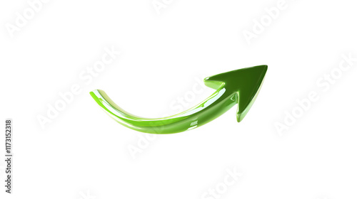 A green arrow pointing down. The arrow is made of glass and is very shiny. It is on a trasparent background	