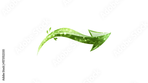 A green arrow pointing down. The arrow is made of glass and is very shiny. It is on a trasparent background	