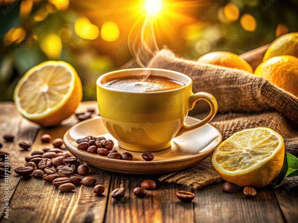Aromatic espresso meets zesty lemon, capturing the essence of Italy in a summery coffee portrait. Aromatic espresso meets zesty lemon, capturing the essence of Italy in a summery coffee portrait.