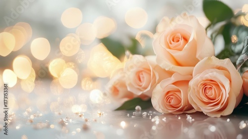 Delicate peach roses bloom, sparkling lights softly illuminate the scene, creating a serene and romantic atmosphere.