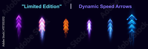 Light and speed dynamic glowing arrows on dark background, futuristic design with vibrant colors and motion effects, suitable for technology, progress, or direction concepts.
