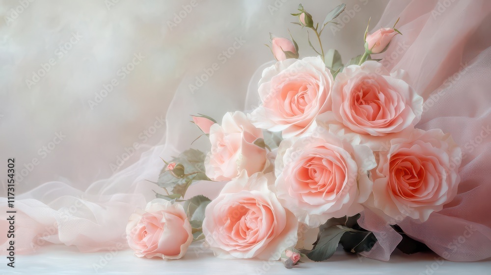 Delicate blush pink roses, elegantly arranged on soft tulle. Romantic and serene. Delicate blush pink roses, elegantly arranged on soft tulle. Romantic and serene.