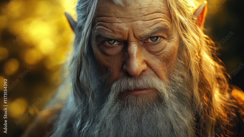 Close-up portrait of a serious, elderly elf with long white hair and beard, intense gaze. Close-up portrait of a serious, elderly elf with long white hair and beard, intense gaze.