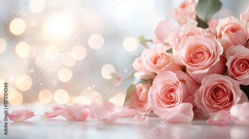 Delicate blush pink roses, scattered petals, soft bokeh background. Romantic floral arrangement.