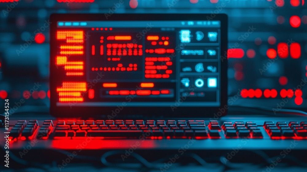 Red and blue illuminated laptop with glowing keyboard displaying data. Red and blue illuminated laptop with glowing keyboard displaying data.