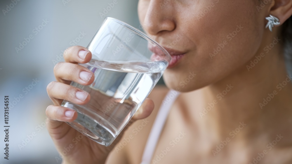 Young Woman Drinking Pure Water From Clear Glass With Soft Natural Light Young Woman Drinking Pure Water From Clear Glass With Soft Natural Light