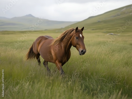 a brown horse runs in a green and golden field with a soft background, shows a peaceful and dynamic movement in nature.