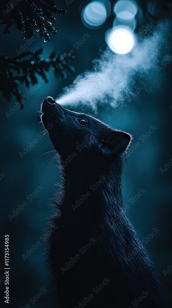 Obraz premium A dark animal gazes upward, exhaling mist in a moody, atmospheric setting.