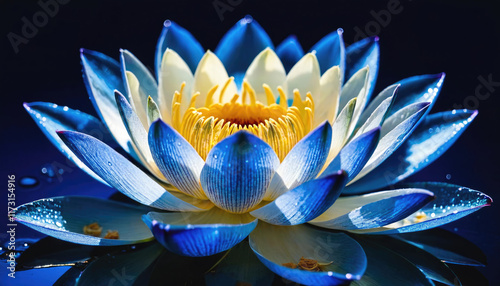 Beautiful blue and yellow water lily blooming in tranquil water under bright light
