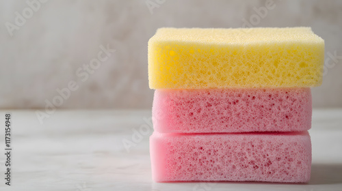Stack of Pink and Yellow Cleaning Sponges on Gray Background