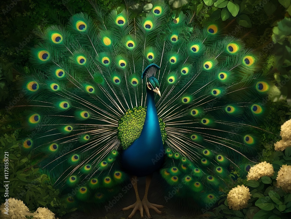 Obraz premium a peacock displaying its feathers, a vibrant and detailed show of wildlife in a natural outdoor setting.