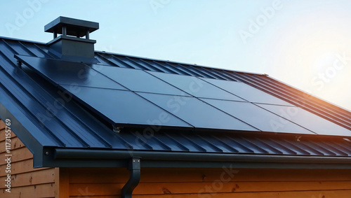 Solar panels on dark metal roofing with a woodsided house. Suitable for ecofriendly, sustainable living, green energy concepts, residential architecture. photo