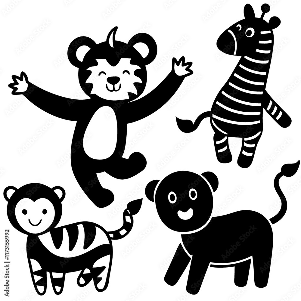 Obraz premium Cute Black and White Cartoon Animals: Tiger, Monkey, Zebra, Lion