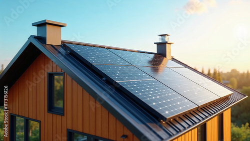 Solar panels on dark metal roofing with a woodsided house. Suitable for ecofriendly, sustainable living, green energy concepts, residential architecture. photo