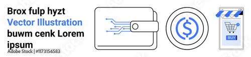 Digital wallet with circuit design, dollar coin, and online shopping store with a buy button. Ideal for e-commerce, online transactions, financial tech, payment gateways, shopping platforms, digital