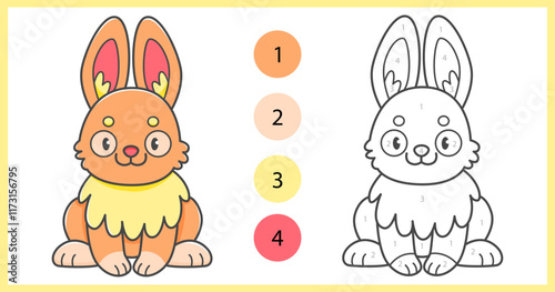 Color by numbers coloring book for kids with cute ginger rabbit. Coloring page with cartoon bunny with an example for coloring. Black and white and color versions. Vector illustration.