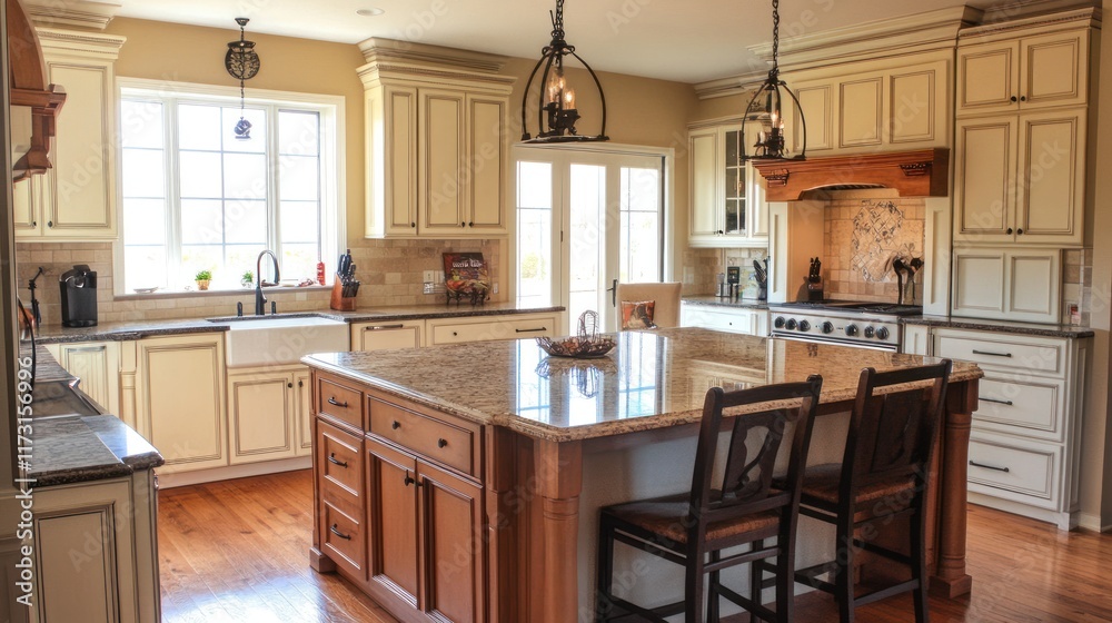 Fototapeta premium A spacious kitchen featuring wooden cabinets and a central island with seating.
