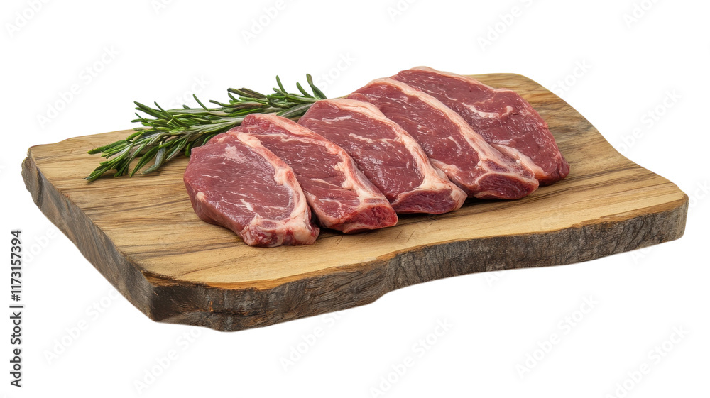 Freshly cut ribeye steaks with rosemary displayed on a wooden cutting board ready for grilling or cooking at home. Freshly cut ribeye steaks with rosemary displayed on a wooden cutting board ready for grilling or cooking at home.