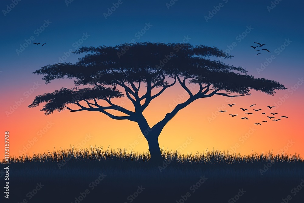 Silhouette of a majestic tree at sunset over a grassy field with birds in flight. Silhouette of a majestic tree at sunset over a grassy field with birds in flight.