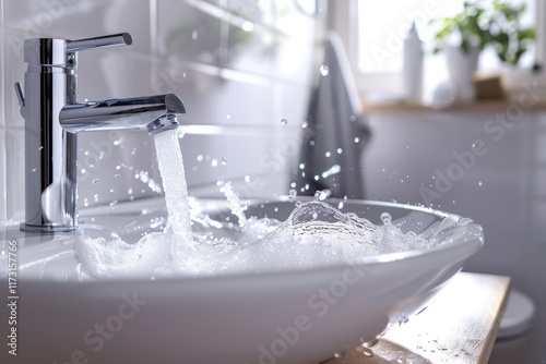 Water flows strongly and splashes from a faucet in a white sink in a bright minimalist bathroom.