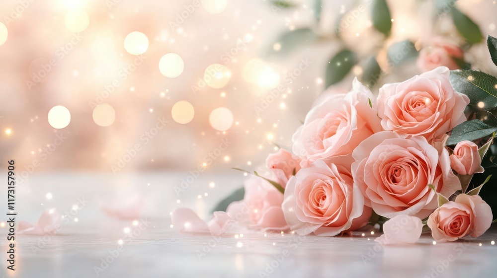 Soft pink roses bloom, bathed in a gentle, warm glow.  Petals scattered, romantic atmosphere.