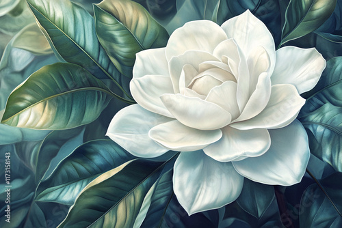 Close-up of a white gardenia flower in full bloom with glossy leaves