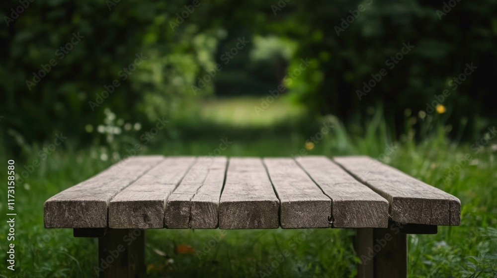 Fototapeta premium Rustic wooden table in a lush green garden.