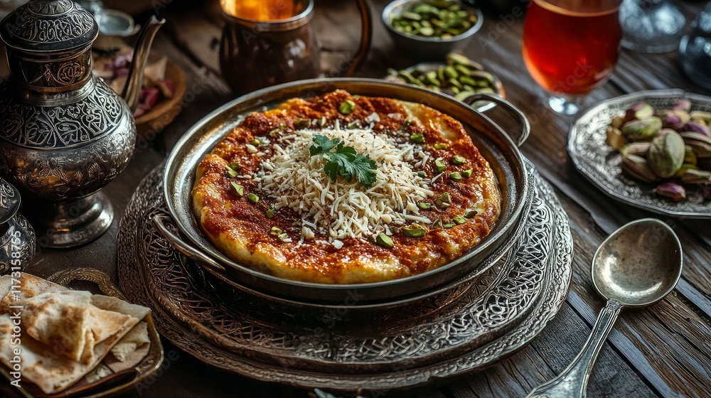 A traditional Turkish delicacy, kunefe is created with cheese, pistachios, and shredded dough. It's a rich, sweet treat that's appropriate for any occasion when served warm. A traditional Turkish delicacy, kunefe is created with cheese, pistachios, and shredded dough. It's a rich, sweet treat that's appropriate for any occasion when served warm.