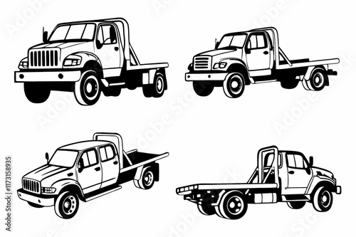 Four Flatbed Trucks: Black and White Vector Illustration